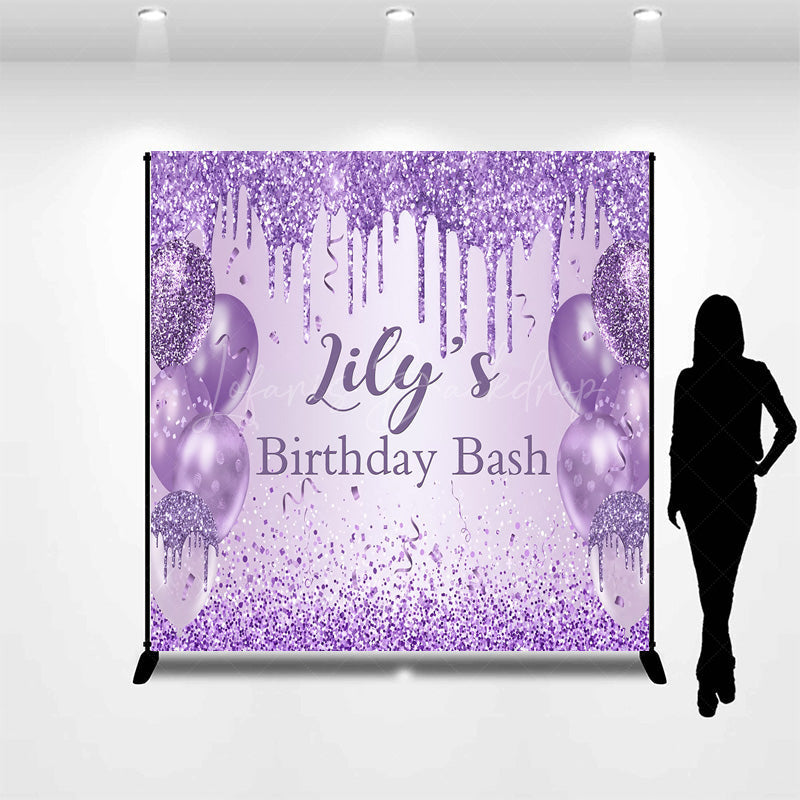 Lofaris Personalized Purple Glitter Birthday Backdrop Glam Drip and Balloons Party Decor Custom Name Bash Banner