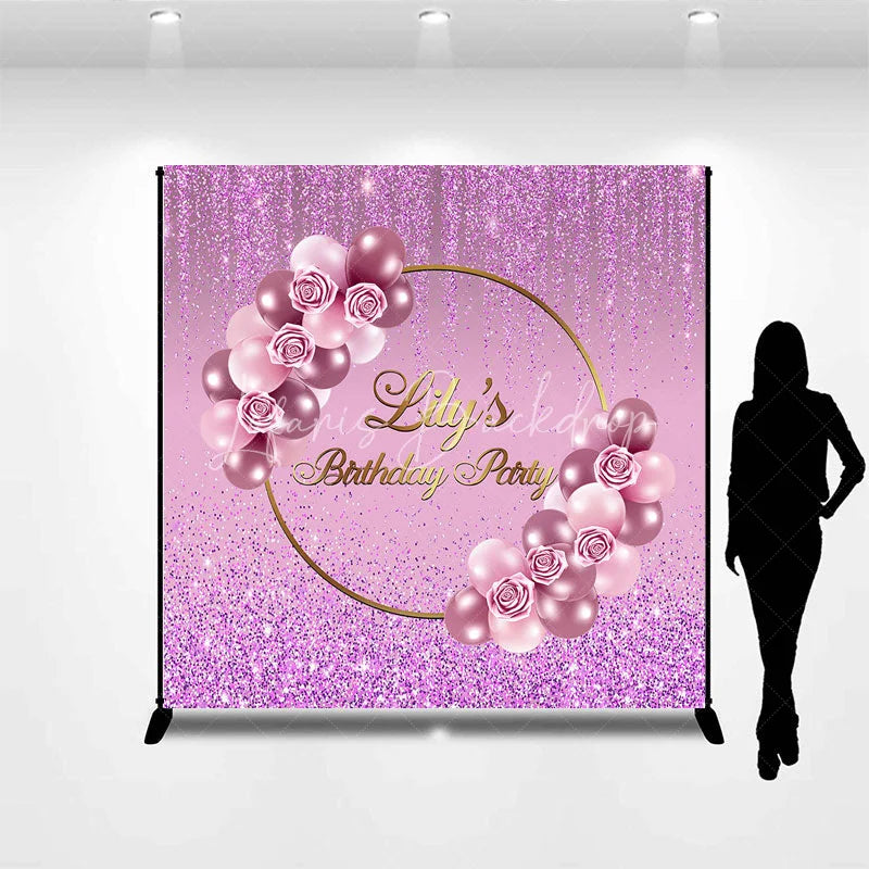 Lofaris Personalized Purple Glitter Birthday Backdrop Pink Roses and Balloons Background Custom Name Party Banner