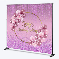 Lofaris Personalized Purple Glitter Birthday Backdrop Pink Roses and Balloons Background Custom Name Party Banner