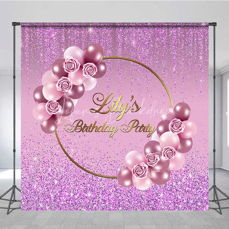 Lofaris Personalized Purple Glitter Birthday Backdrop Pink Roses and Balloons Background Custom Name Party Banner