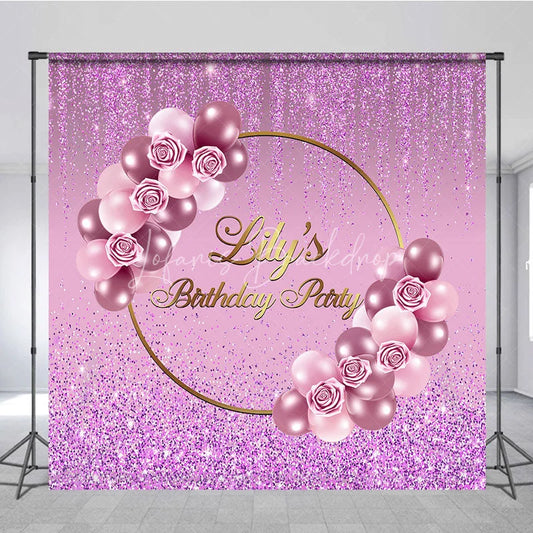 Lofaris Personalized Purple Glitter Birthday Backdrop Pink Roses and Balloons Background Custom Name Party Banner