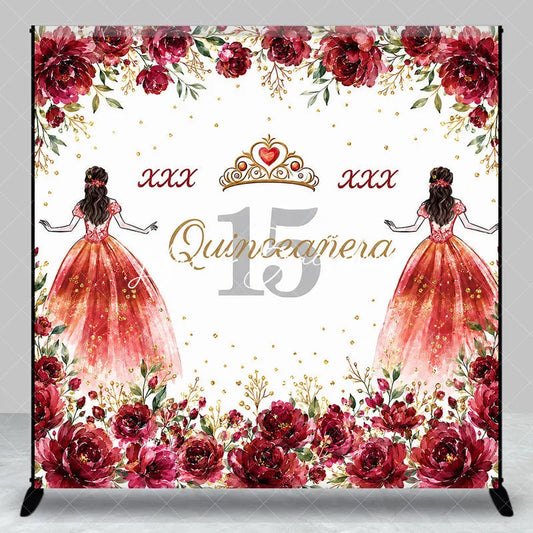 Lofaris Personalized Quinceañera 15th Birthday Custom Backdrop with Red Roses and Gold Glitter Princess Girl Party Decor