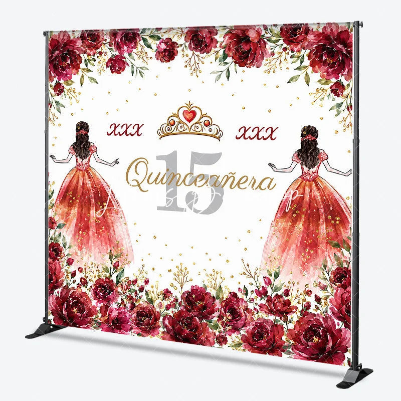 Lofaris Personalized Quinceañera 15th Birthday Custom Backdrop with Red Roses and Gold Glitter Princess Girl Party Decor
