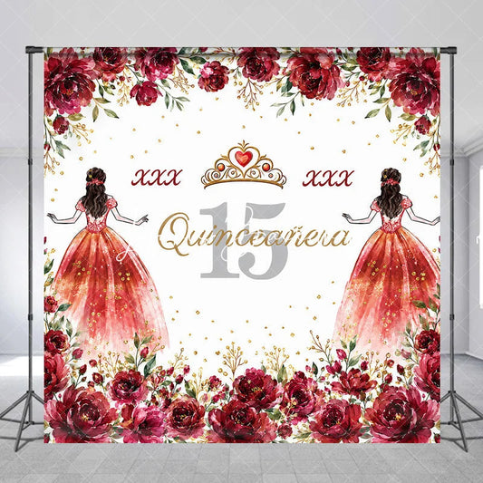 Lofaris Personalized Quinceañera 15th Birthday Custom Backdrop with Red Roses and Gold Glitter Princess Girl Party Decor