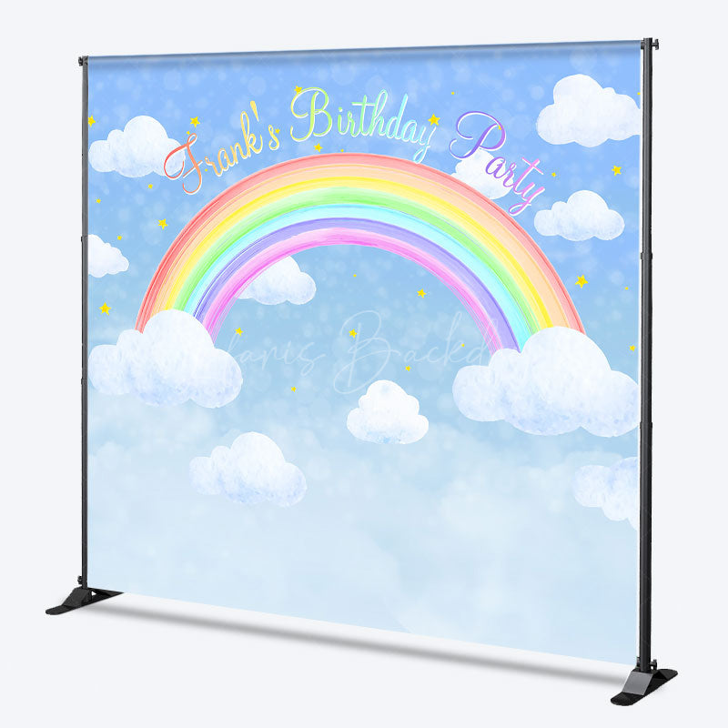 Lofaris Personalized Rainbow Birthday Backdrop Watercolor Clouds in a Blue Sky Custom Name Pastel Party Photo Booth