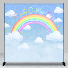 Lofaris Personalized Rainbow Birthday Backdrop Watercolor Clouds in a Blue Sky Custom Name Pastel Party Photo Booth