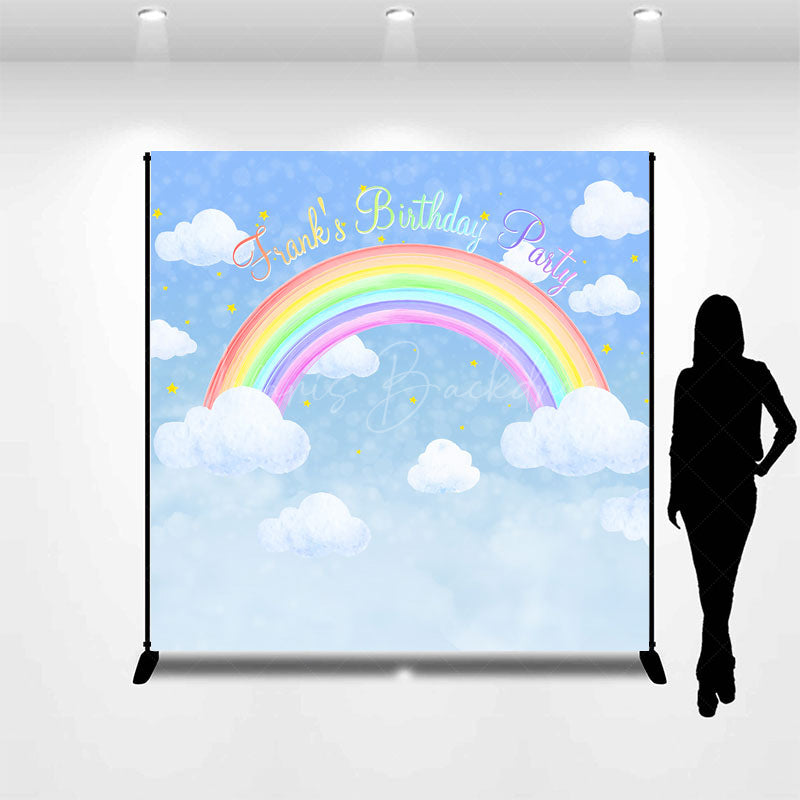 Lofaris Personalized Rainbow Birthday Backdrop Watercolor Clouds in a Blue Sky Custom Name Pastel Party Photo Booth