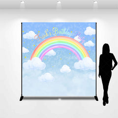 Lofaris Personalized Rainbow Birthday Backdrop Watercolor Clouds in a Blue Sky Custom Name Pastel Party Photo Booth