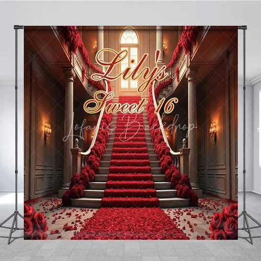 Lofaris Personalized Red Rose Staircase Custom Birthday Backdrop Elegant Mansion Sweet 16 Party Photography Background