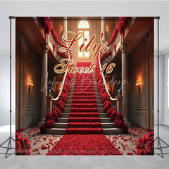 Lofaris Personalized Red Rose Staircase Custom Birthday Backdrop Elegant Mansion Sweet 16 Party Photography Background