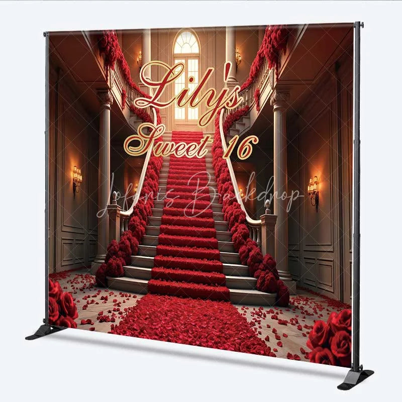 Lofaris Personalized Red Rose Staircase Custom Birthday Backdrop Elegant Mansion Sweet 16 Party Photography Background