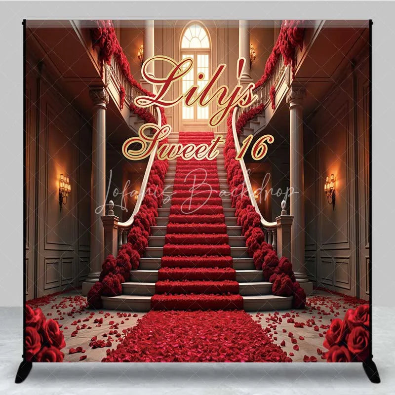 Lofaris Personalized Red Rose Staircase Custom Birthday Backdrop Elegant Mansion Sweet 16 Party Photography Background