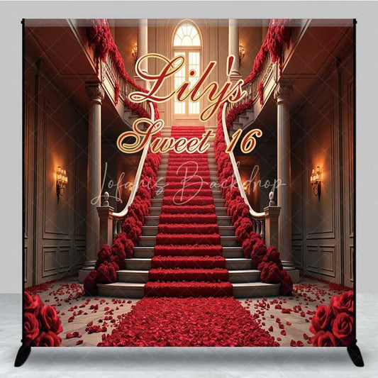 Lofaris Personalized Red Rose Staircase Custom Birthday Backdrop Elegant Mansion Sweet 16 Party Photography Background