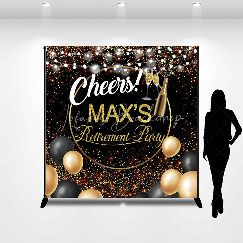 Lofaris Personalized Retirement Party Backdrop Gold and Black Cheers to Background with Champagne Balloons