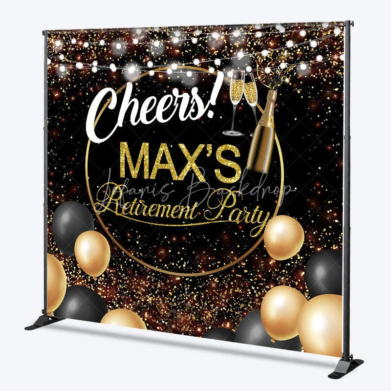 Lofaris Personalized Retirement Party Backdrop Gold and Black Cheers to Background with Champagne Balloons