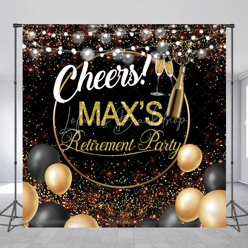 Lofaris Personalized Retirement Party Backdrop Gold and Black Cheers to Background with Champagne Balloons