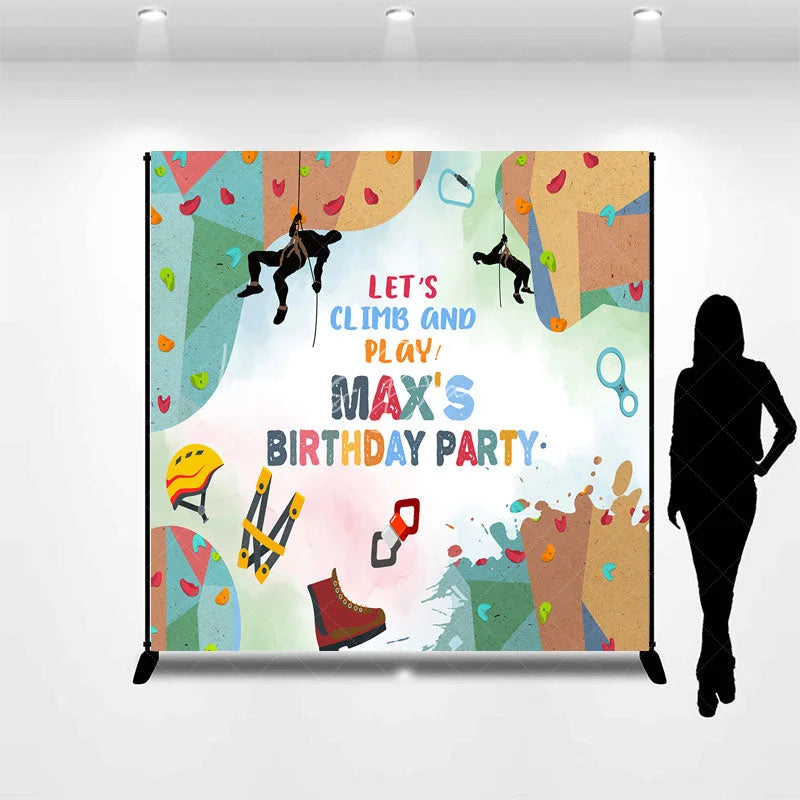 Lofaris Personalized Rock Climbing Birthday Party Backdrop Let’s Climb and Play Custom Name Gear Background