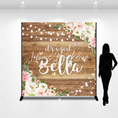 Lofaris Personalized Rustic Wooden It’s A Girl Pink Floral Custom Backdrop with Butterflies String Lights Baby Shower Decor