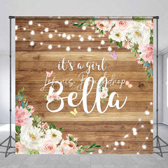 Lofaris Personalized Rustic Wooden It’s A Girl Pink Floral Custom Backdrop with Butterflies String Lights Baby Shower Decor