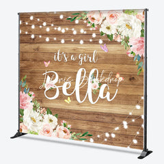 Lofaris Personalized Rustic Wooden It’s A Girl Pink Floral Custom Backdrop with Butterflies String Lights Baby Shower Decor