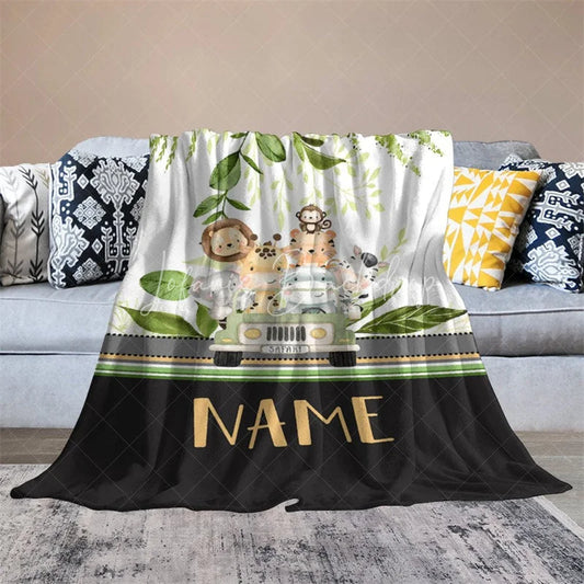 Lofaris Personalized Safari Animals Blanket with Custom Name Cute Jungle in a Jeep Nursery Decor Gift for Boys
