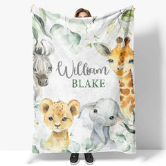 Lofaris Personalized Safari Animals Blanket with Custom Name Cute Jungle Lion Elephant Giraffe Zebra Nursery Decor