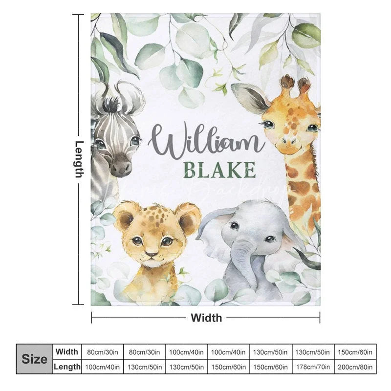 Lofaris Personalized Safari Animals Blanket with Custom Name Cute Jungle Lion Elephant Giraffe Zebra Nursery Decor