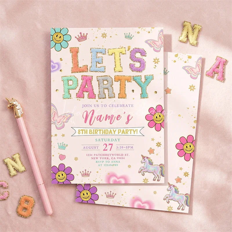 Lofaris Personalized Set of 20 Pastel Glitter Let’s Party Birthday Invitation featuring Whimsical Smiley Flowers and Unicorns