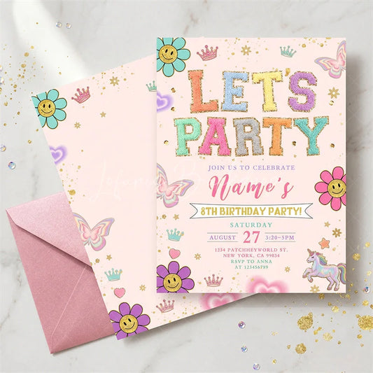 Lofaris Personalized Set of 20 Pastel Glitter Let’s Party Birthday Invitation featuring Whimsical Smiley Flowers and Unicorns