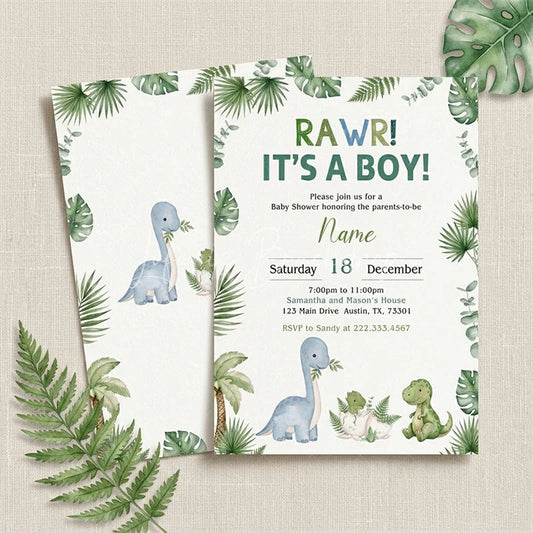 Lofaris Personalized Set of 20 Rawr It’s a Boy Baby Shower Invitation Cute Dinosaur and Jungle Leaves Theme for Boys