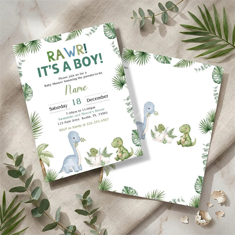 Lofaris Personalized Set of 20 Rawr It’s a Boy Baby Shower Invitation Cute Dinosaur and Jungle Leaves Theme for Boys