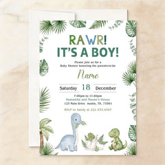 Lofaris Personalized Set of 20 Rawr It’s a Boy Baby Shower Invitation Cute Dinosaur and Jungle Leaves Theme for Boys