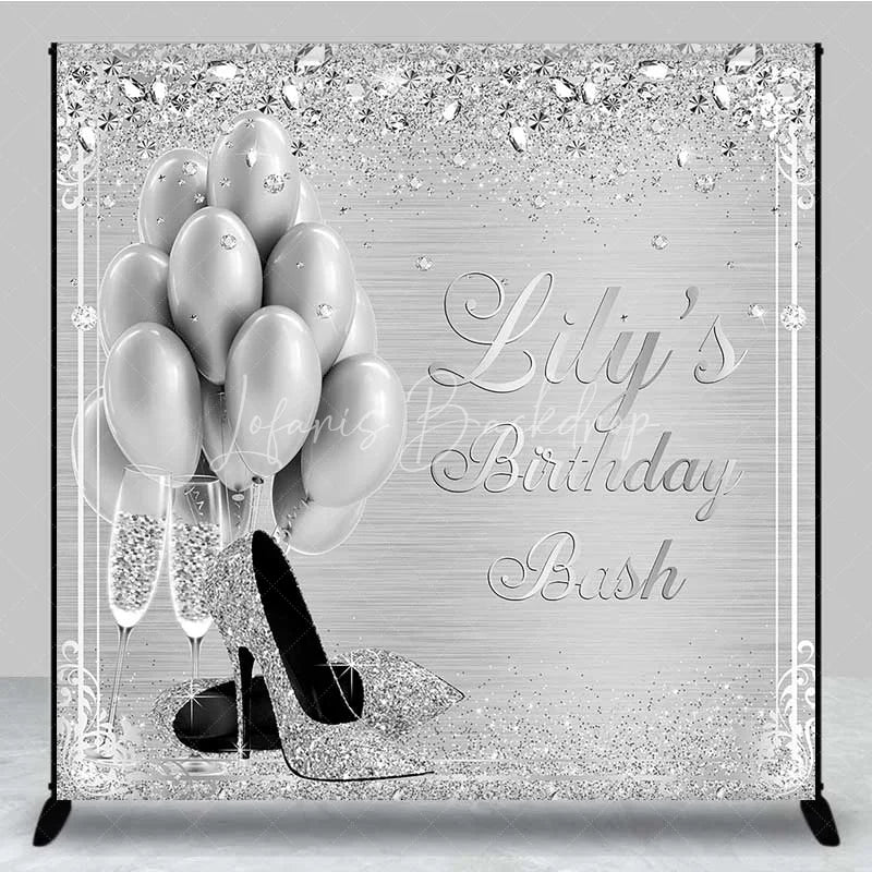 Lofaris Personalized Silver Balloon Custom Birthday Backdrop Diamonds High Heels Women Party Photography Background