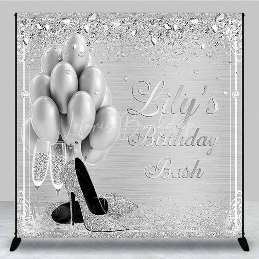 Lofaris Personalized Silver Balloon Custom Birthday Backdrop Diamonds High Heels Women Party Photography Background