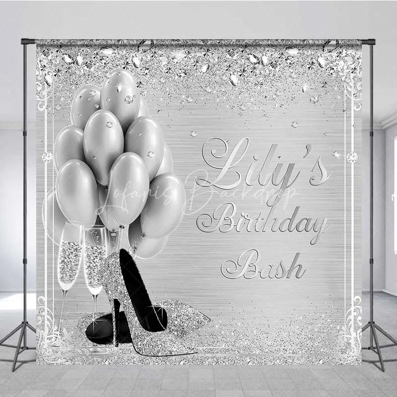 Lofaris Personalized Silver Balloon Custom Birthday Backdrop Diamonds High Heels Women Party Photography Background