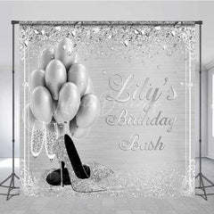 Lofaris Personalized Silver Balloon Custom Birthday Backdrop Diamonds High Heels Women Party Photography Background