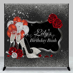 Lofaris Personalized Silver Glitter Birthday Bash Backdrop Custom Name Red Rose and High Heel Party Banner