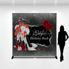 Lofaris Personalized Silver Glitter Birthday Bash Backdrop Custom Name Red Rose and High Heel Party Banner