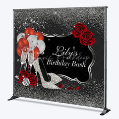 Lofaris Personalized Silver Glitter Birthday Bash Backdrop Custom Name Red Rose and High Heel Party Banner
