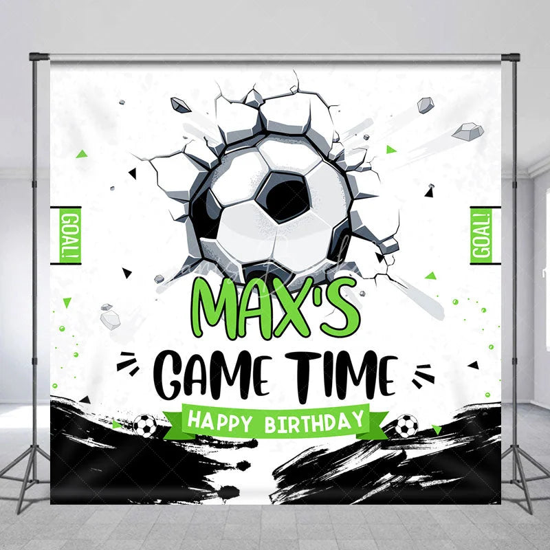 Lofaris Personalized Soccer Ball Cracked Wall Birthday Backdrop Custom Game Time Sports Party Decor