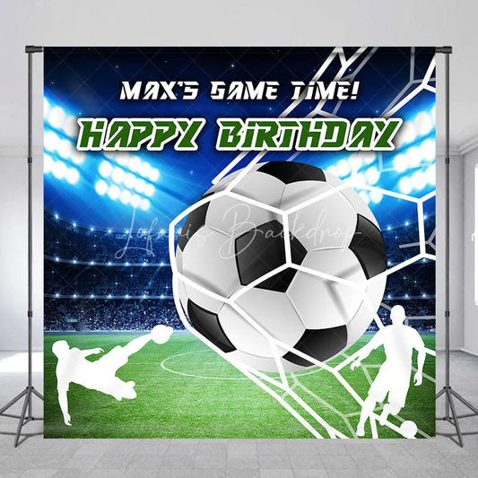 Lofaris Personalized Soccer Ball Goal Net Backdrop with Stadium Lights Game Time Birthday Party