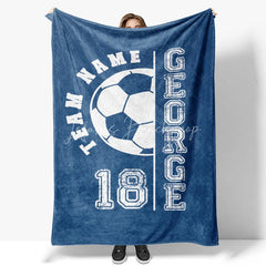 Lofaris Personalized Soccer Name Blanket Custom Team Number Sports Gift Blue Football for Boy Player