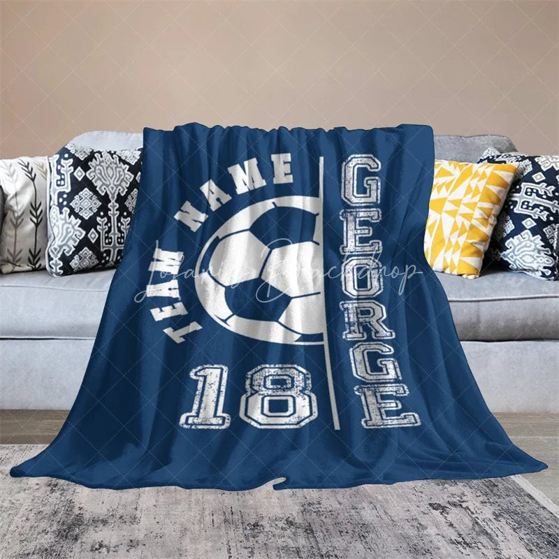 Lofaris Personalized Soccer Name Blanket Custom Team Number Sports Gift Blue Football for Boy Player