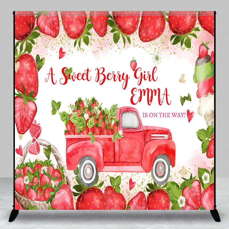 Lofaris Personalized Strawberry Baby Shower Backdrop A Berry Sweet Girl is on the Way Theme Red Truck Summer Party Decor