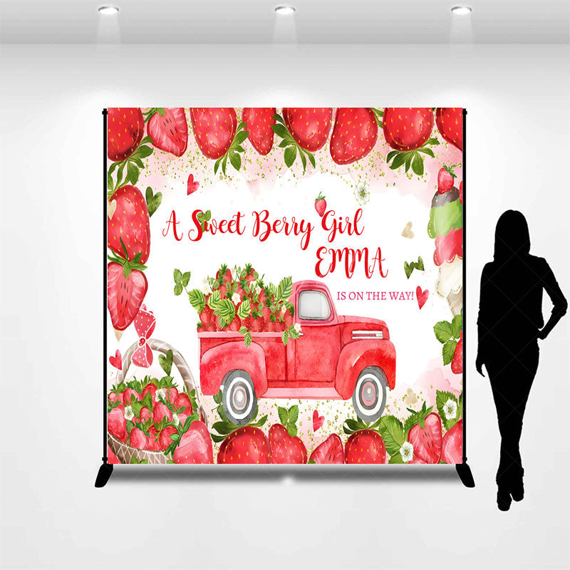 Lofaris Personalized Strawberry Baby Shower Backdrop A Berry Sweet Girl is on the Way Theme Red Truck Summer Party Decor