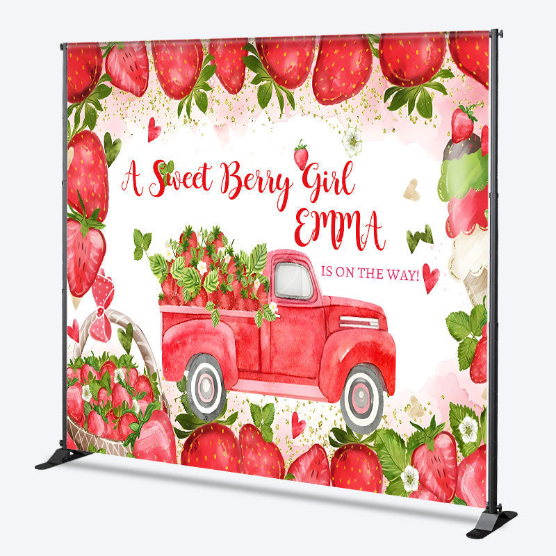 Lofaris Personalized Strawberry Baby Shower Backdrop A Berry Sweet Girl is on the Way Theme Red Truck Summer Party Decor