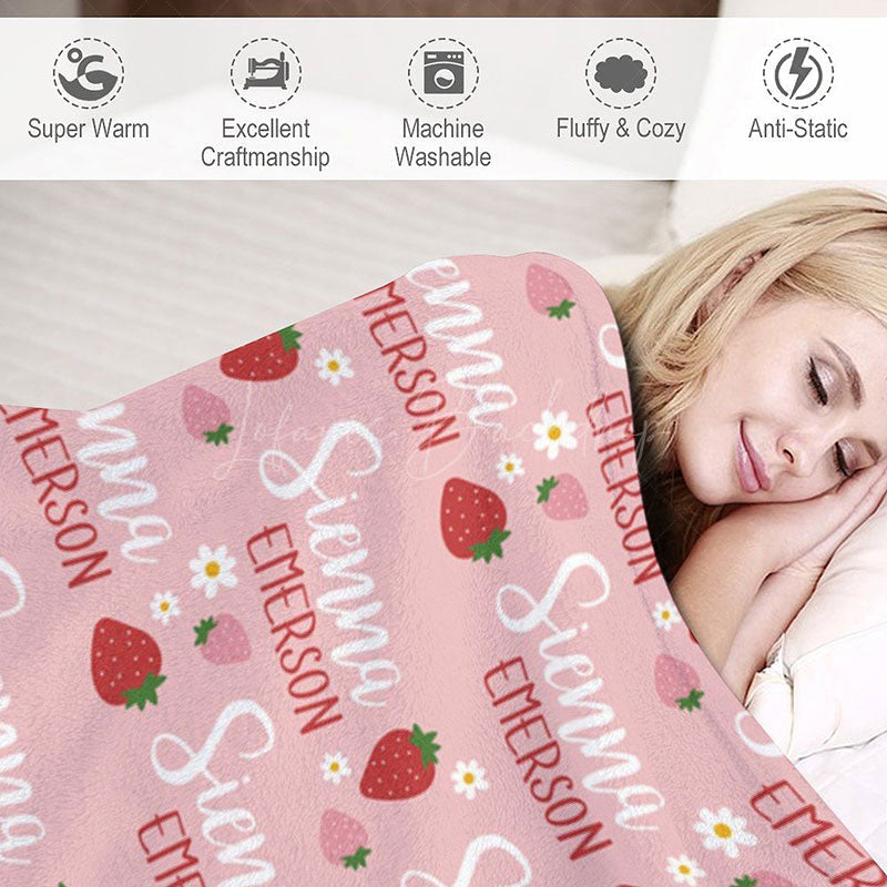 Lofaris Personalized Strawberry Blanket with Custom Name Berry Sweet Fruit Theme for Baby Girl Nursery Decor Gift
