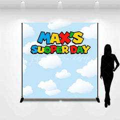 Lofaris Personalized Super Day Birthday Backdrop Custom Name Video Game Theme Blue Sky and Clouds Banner
