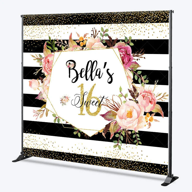 Lofaris Personalized Sweet 16 Birthday Backdrop Black and White Stripes with Pink Floral Custom Name Party Photo Booth