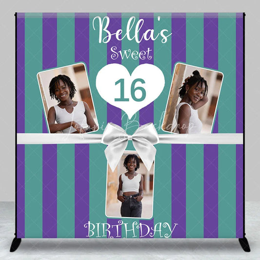 Lofaris Personalized Sweet 16 Birthday Photo Backdrop Custom Name Purple and Green Striped Party Banner